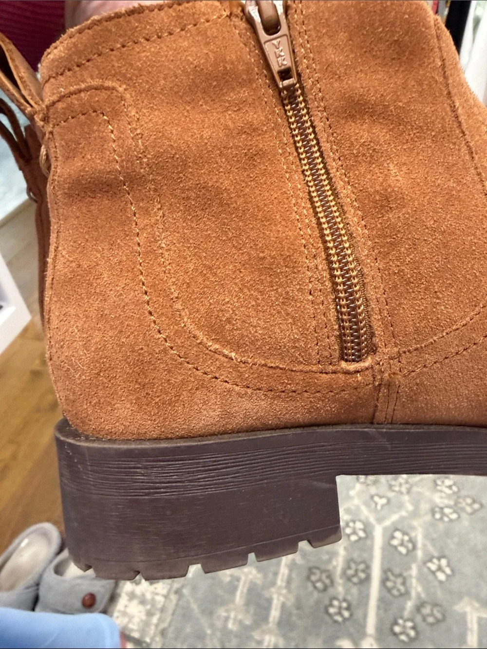 Vionic Chestnut Suede Ankle Booties with Shearling Trim